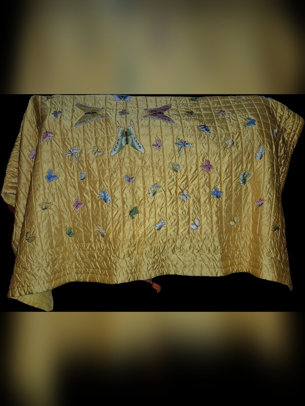 Vintage Yellow Quilted Butterfly Embroidered Throw 100" X 80" BEAUTIFUL BLANKET